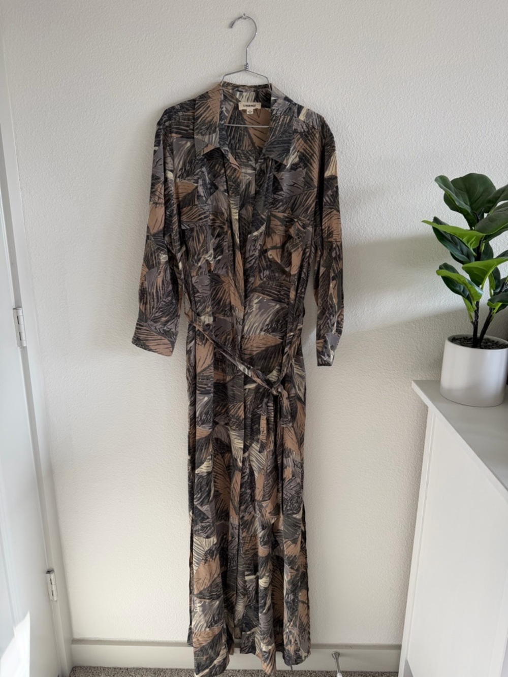 Lagence Cameron Silk Palm Leaf-Print Button-Front Maxi Shirt Dress w/ Side Slits